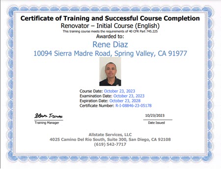 Rene Diaz RRP Training Certificate