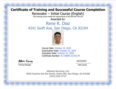 Roman Diaz RRP Training Certificate